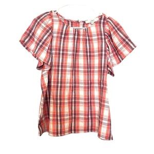 2/$30 Loft - Pink & White Plaid Short Sleeve Ruffle Blouse Size Small